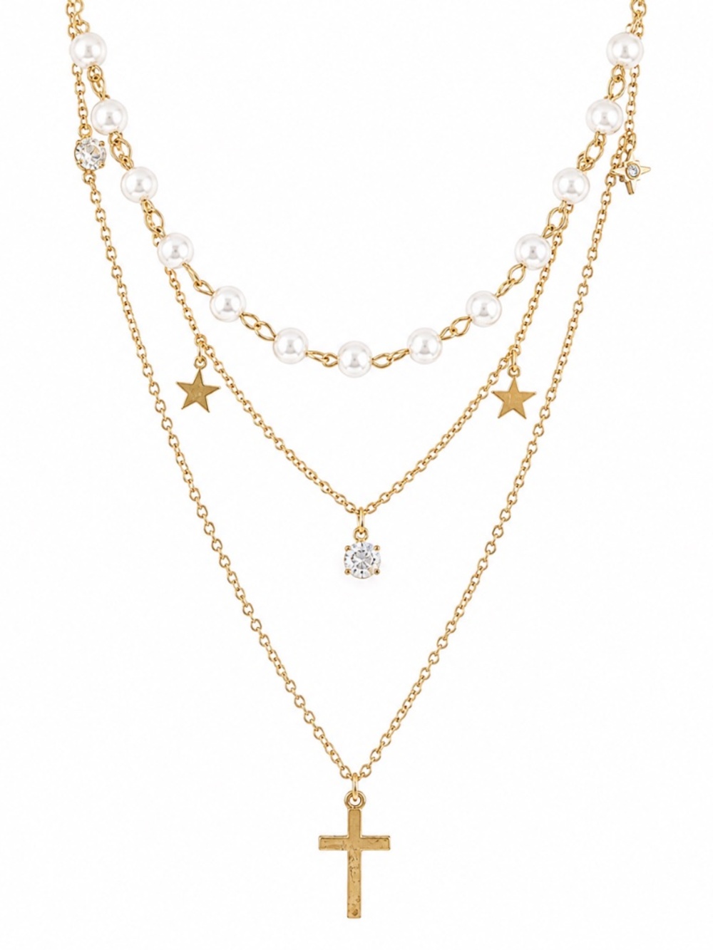 Gold Tone Layered Pearl Star Crystal Cross Necklace